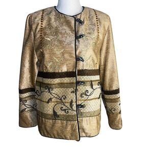 Gold Embroidered Asian Inspired Patchwork Jacket Frog Closure Brocade Womens Art